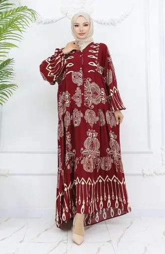 Alaçatı Desenli Yarım Düğmeli Viskon Elbise 0040-05 Bordo