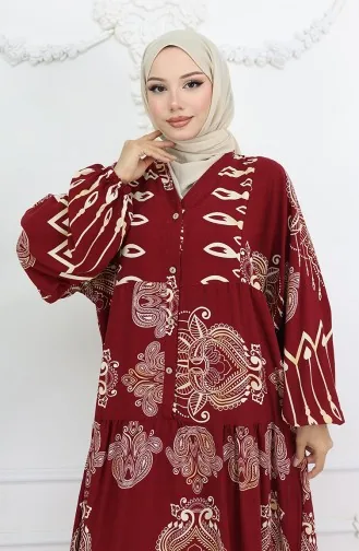 Alaçatı Desenli Yarım Düğmeli Viskon Elbise 0040-05 Bordo
