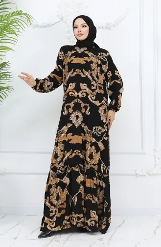 Viskon Kumaş Kolu Lastikli Desenli Elbise 2018-02 Siyah