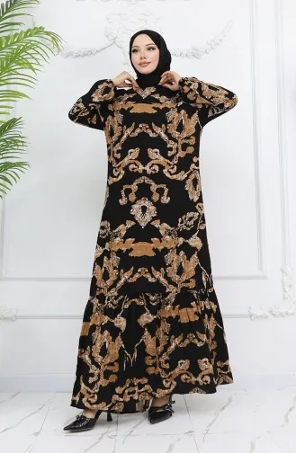 Viskon Kumaş Kolu Lastikli Desenli Elbise 2018-02 Siyah