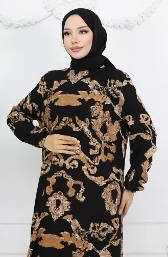 Viskon Kumaş Kolu Lastikli Desenli Elbise 2018-02 Siyah