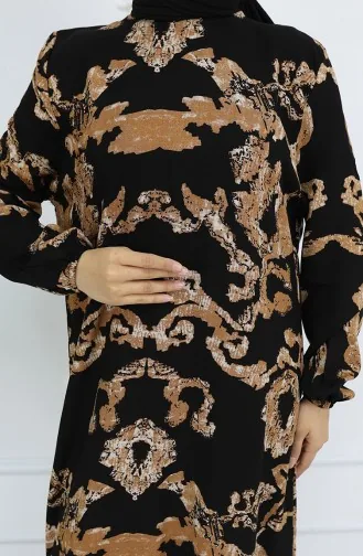 Viskon Kumaş Kolu Lastikli Desenli Elbise 2018-02 Siyah