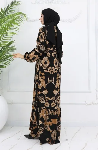 Viskon Kumaş Kolu Lastikli Desenli Elbise 2018-02 Siyah