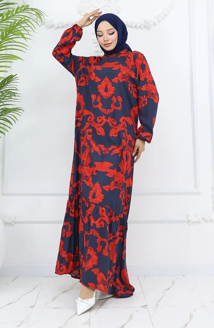 Viskose Stoff Elastische Ärmel Gemustertes Kleid 2018-04 Rot 2018-04
