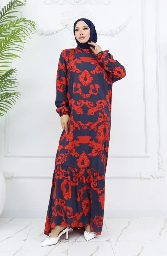 Viskose Stoff Elastische Ärmel Gemustertes Kleid 2018-04 Rot 2018-04