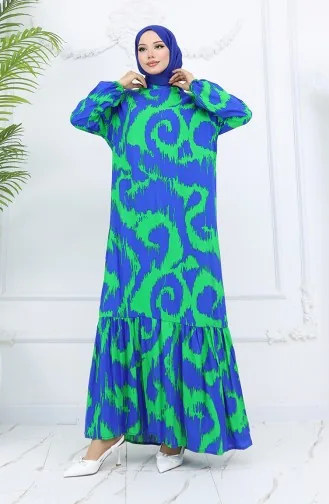 Viskon Kumaş Desenli Elbise 2019-01 Saks Yeşil