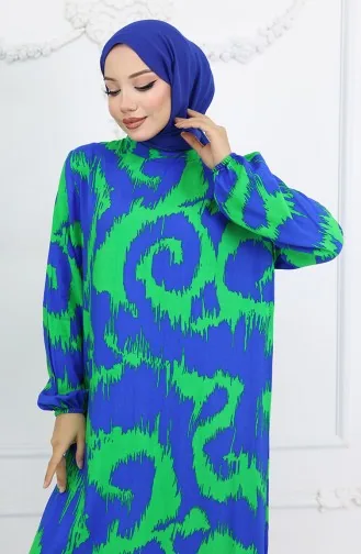 Viskon Kumaş Desenli Elbise 2019-01 Saks Yeşil