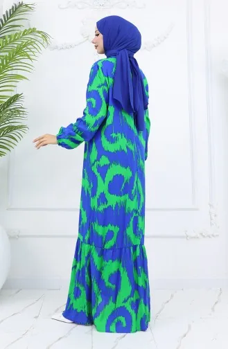 Viskon Kumaş Desenli Elbise 2019-01 Saks Yeşil