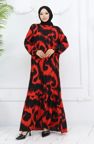 Viskon Kumaş Desenli Elbise 2019-02 Siyah Kırmızı