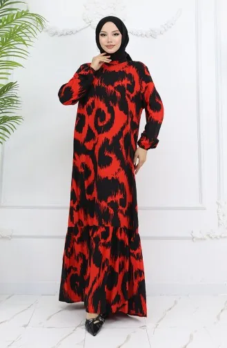 Viskon Kumaş Desenli Elbise 2019-02 Siyah Kırmızı