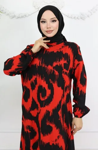Viskon Kumaş Desenli Elbise 2019-02 Siyah Kırmızı