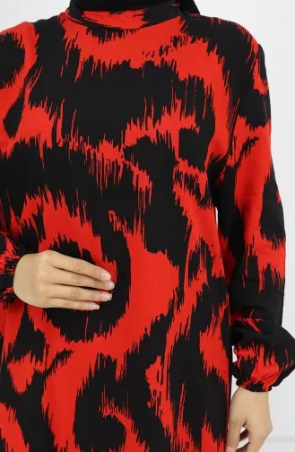 Viskon Kumaş Desenli Elbise 2019-02 Siyah Kırmızı