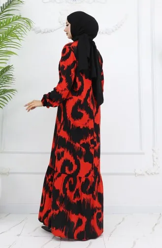 Viskon Kumaş Desenli Elbise 2019-02 Siyah Kırmızı