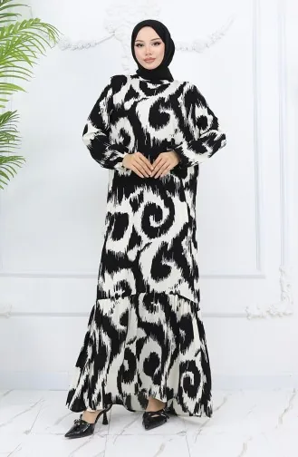 Viskon Kumaş Desenli Elbise 2019-03 Siyah Beyaz