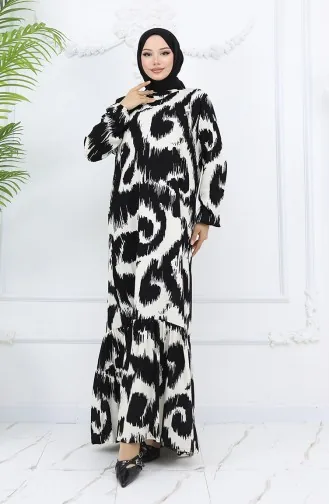 Viskon Kumaş Desenli Elbise 2019-03 Siyah Beyaz