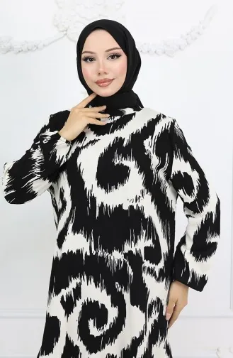 Viskon Kumaş Desenli Elbise 2019-03 Siyah Beyaz