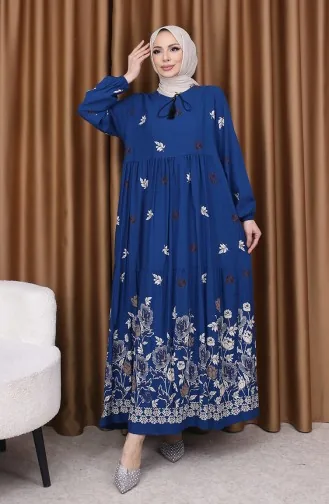 Viskon Desenli Elbise 4080-02 Petrol