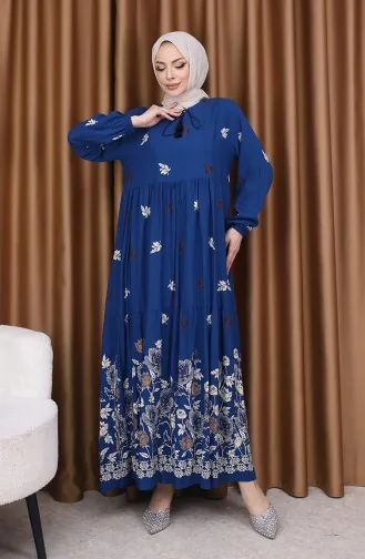 Viskon Desenli Elbise 4080-02 Petrol
