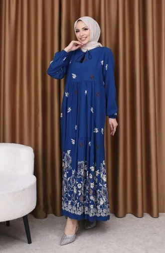 Viskon Desenli Elbise 4080-02 Petrol