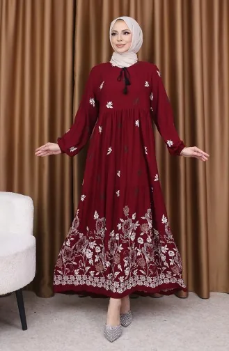 Viskon Desenli Elbise 4080-03 Bordo