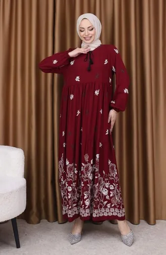 Viskon Desenli Elbise 4080-03 Bordo