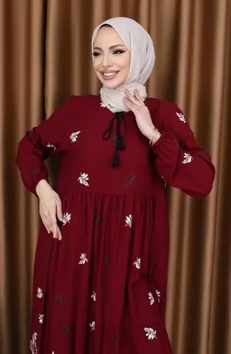 Viskon Desenli Elbise 4080-03 Bordo
