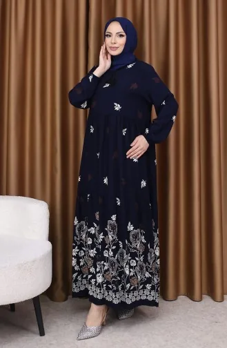 Viskon Desenli Elbise 4080-04 Lacivert
