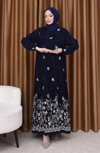 Viskon Desenli Elbise 4080-04 Lacivert