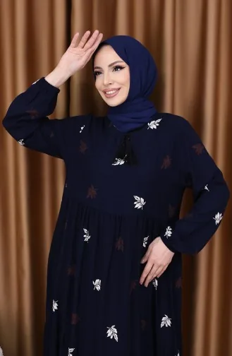 Viskon Desenli Elbise 4080-04 Lacivert