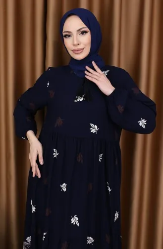 Viskon Desenli Elbise 4080-04 Lacivert
