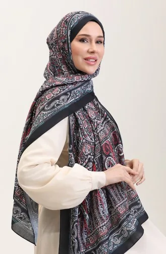 شال ناعم بنقوش عرقية 90188-05 أسود وأحمر قرمزي 90188-05