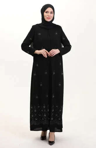 Übergröße A-Falten Kleid Mit Steinmuster 6205-02 Schwarz 6205-02