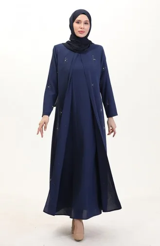 Büyük Beden Taş Baskılı A Pile Elbise 6205-04 İndigo