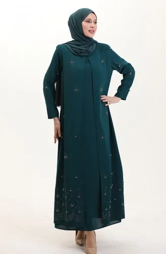 Robe Plissée En A à Imprimé Pierre Grande Taille 6205-05 Vert émeraude 6205-05