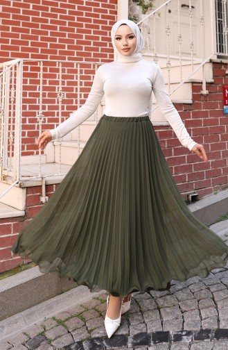 Beli Lastikli Piliseli Şifon Etek 4046-01 Haki