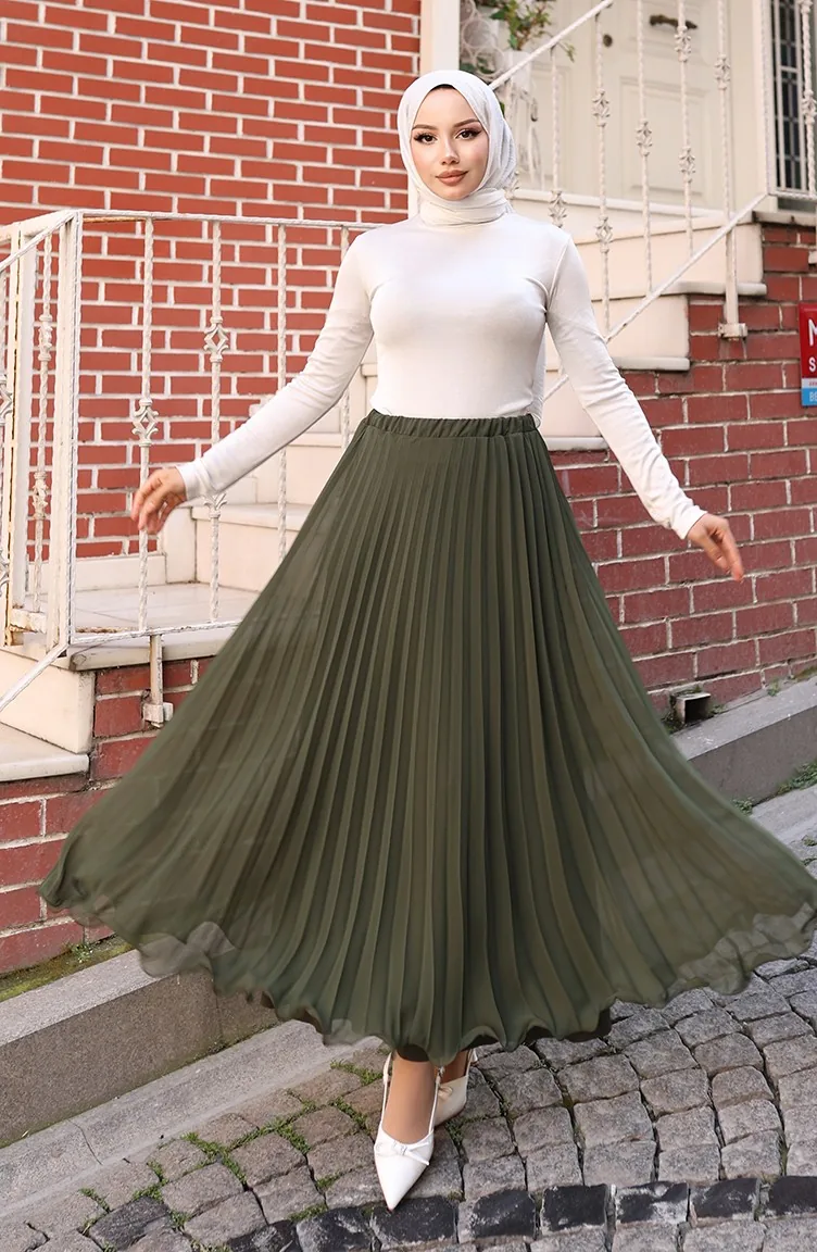 Beli Lastikli Piliseli Şifon Etek 4046-01 Haki