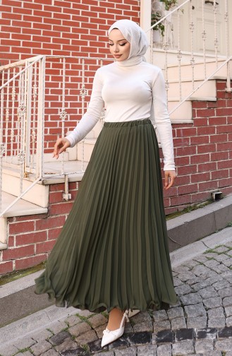 Beli Lastikli Piliseli Şifon Etek 4046-01 Haki