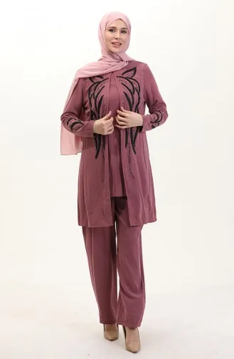 Büyük Beden Taşlı Tunik Pantolon İkili Takım 6210-03 Gül Kurusu