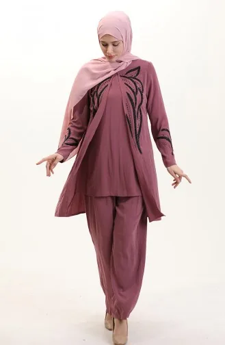 Büyük Beden Taşlı Tunik Pantolon İkili Takım 6210-03 Gül Kurusu