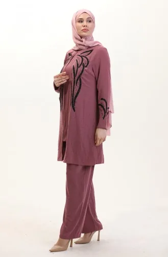 Büyük Beden Taşlı Tunik Pantolon İkili Takım 6210-03 Gül Kurusu