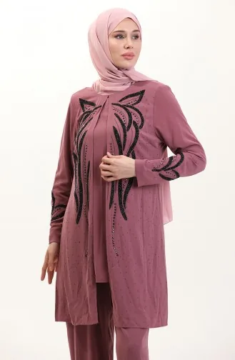 Büyük Beden Taşlı Tunik Pantolon İkili Takım 6210-03 Gül Kurusu
