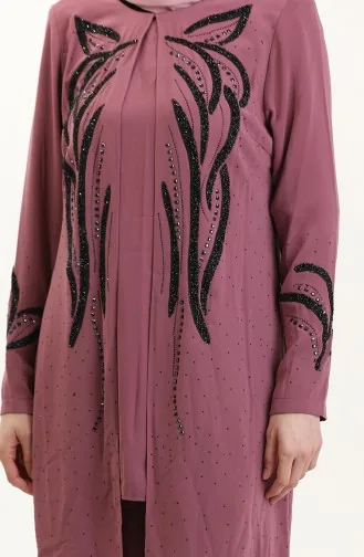 Büyük Beden Taşlı Tunik Pantolon İkili Takım 6210-03 Gül Kurusu