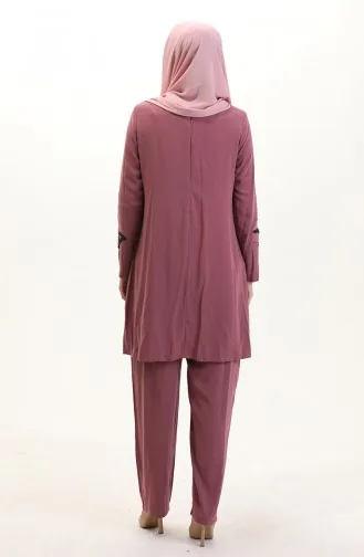 Büyük Beden Taşlı Tunik Pantolon İkili Takım 6210-03 Gül Kurusu