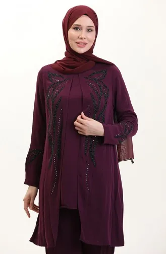 طقم تونيك وبنطلون بمقاس كبير من قطعتين 6210-04 لون أرجواني 6210-04