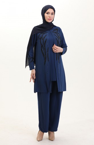 Büyük Beden Taşlı Tunik Pantolon İkili Takım 6210-05 İndigo