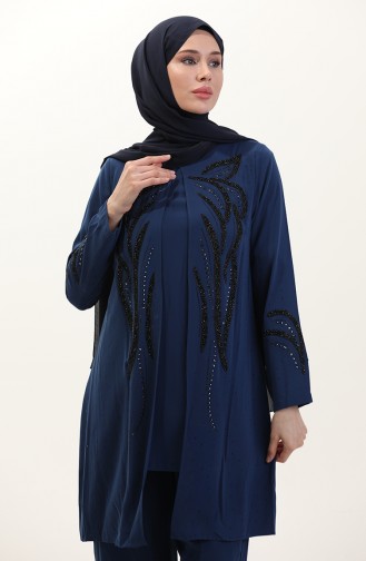 Büyük Beden Taşlı Tunik Pantolon İkili Takım 6210-05 İndigo