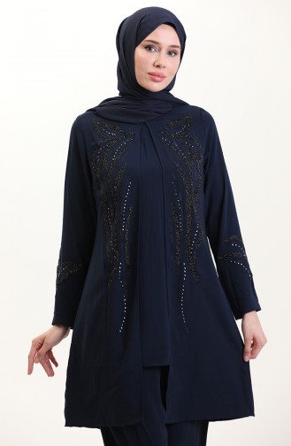 Büyük Beden Taşlı Tunik Pantolon İkili Takım 6210-06 Lacivert
