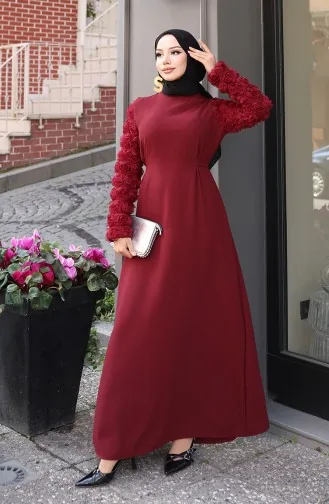 Kolları Gül Detaylı Elbise 81886-02 Bordo