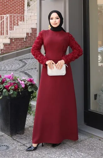 Kolları Gül Detaylı Elbise 81886-02 Bordo