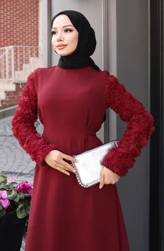 Kolları Gül Detaylı Elbise 81886-02 Bordo